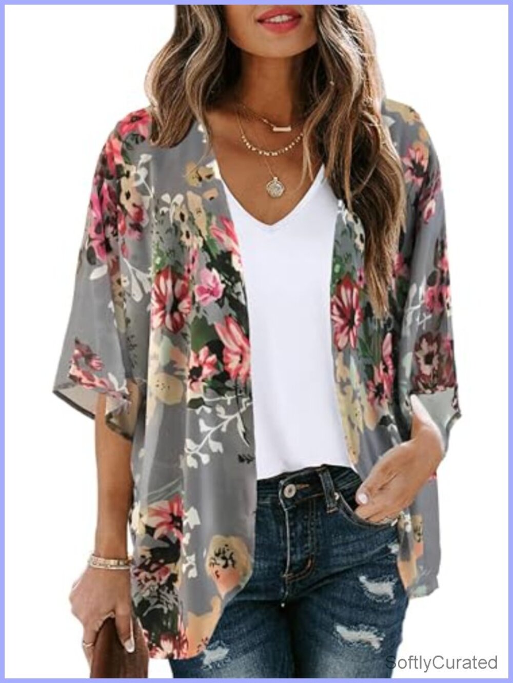 Floral Chiffon Kimono Cardigan Open Front Loose Puff Sleeve Beach Cover Up